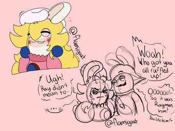 annoyed anthro asking asking_another backwards_hat black_eyebrows blonde_hair blue_ear_piercing blush blush_lines buckteeth closed_smile clothing dialogue duo ear_blush ellipsis eyebrow_through_hat eyebrows eyes_closed female female_anthro floating_hands fur hair happy hat headgear headpat headwear long_ears long_hair looking_at_another male male_anthro mostly_offscreen_character mouth_closed multicolored_body name_drop name_in_dialogue noseless overalls pink_clothing pink_shirt pink_topwear question ruffling_hair shirt simple_background smile smiling_at_another tan_background tan_eyelids tan_inner_ear teeth text topwear two_tone_body white_body white_fur yelling flamigoat mario_bros mario_plus_rabbids_kingdom_battle nintendo raving_rabbids rayman_(series) ubisoft rabbid_luigi rabbid_peach rayman lagomorph mammal rabbid raypeople_(rayman) 2024 artist_name crossover digital_drawing_(artwork) digital_media_(artwork) english_description english_text flat_colors guide_lines hi_res multiple_scenes
