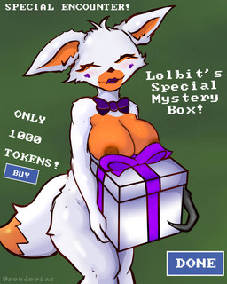 anthro big_breasts blush blush_lines bow_tie breast_squish breasts eyes_closed female fluffy fluffy_tail fur gift hook huge_breasts nipples orange_body orange_fur puffy_nipples smile solo squish tail thick_thighs white_body white_fur wide_hips renderias five_nights_at_freddy's five_nights_at_freddy's_world scottgames sister_location lolbit_(fnaf) canid canine fox mammal