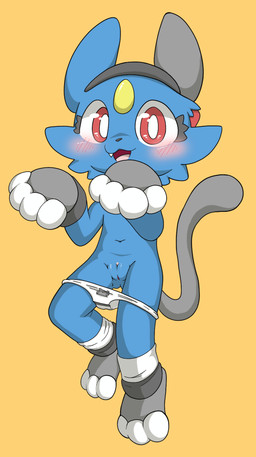 accessory anthro black_tail blue_body blue_ears blue_fur blush blush_lines butt butt_from_the_front cat_outfit clitoris clothed clothing fake_paws fangs female feral footwear forehead_gem fur gem genitals gloves grey_ears handwear headband looking_at_viewer navel open_mouth orange_background panties panties_down partially_clothed paw_gloves paws pink_clitoris print_clothing print_underwear red_eyes simple_background socks solo standing tail teeth underwear underwear_down vulva white_clothing white_footwear white_panties white_socks white_underwear lucky_luxio nintendo pokemon cara_(lucky_luxio) felid feline generation_2_pokemon mammal pokemon_(species) sneasel colored digital_drawing_(artwork) digital_media_(artwork) hi_res shaded