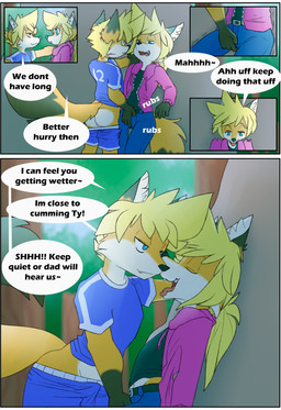 anthro anthro_on_anthro biped blonde_hair blue_eyes clothed clothing dialogue duo female hair intraspecies male male/female speech_bubble tail text young young_anthro young_female young_male young_on_young galo tammy_(tycloud) tycloud canid canine fox mammal absurd_res comic english_text hi_res cousins_(lore) incest_(lore)