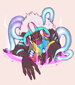 ambiguous_gender anthro big_hands blue_horn blue_stripes blue_teeth blue_tentacles consentacles duo female fur genitals horn male male/female multicolored_body penetration pink_nose possessive restrained restrained_by_tentacles restrained_legs sex size_difference smile smiling_at_another smiling_at_partner stripes summoning_circle teeth teeth_showing tentacle_clitoris tentacle_in_vagina tentacle_penetration tentacle_sex tentacles teratophilia vaginal vaginal_penetration vulva white_body white_fur seraphictiger hazard_(latexslug) terror_(fabtool) aquatic aquatic_gastropod demon gastropod mollusk monster nudibranch sea_slug slug