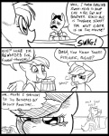2012 angry applejack_(mlp) beverage black_and_white clothed clothing comic cowboy_hat dialogue digital_media_(artwork) earth_pony english_text equid equine feathered_wings feathers female feral food friendship_is_magic group hair happy hasbro hat headgear headwear horse inside male mammal metal_(artist) monochrome my_little_pony mythological_creature mythological_equine mythology pegasus pony rainbow_dash_(mlp) simple_background smile text wings