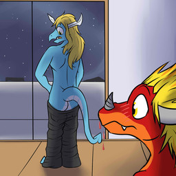 anthro blonde_hair blood blue_body blush bodily_fluids bottomwear bottomwear_down butt clothed clothing duo embarrassed hair horn looking_at_another's_butt looking_at_butt male multicolored_body nosebleed orange_body pants pants_down pants_only partially_clothed red_body tail topless two_tone_body fuze bushiroad future_card_buddyfight mythology drum_bunker_dragon qinus_axia dragon mythological_creature mythological_scalie scalie 1:1 hi_res