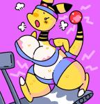 2019 absurd_res ampharos anthro anthrofied areola areola_slip big_breasts bodily_fluids breasts cleavage clothed clothing exercise female generation_2_pokemon hi_res kyaramerucocoa mammal navel nintendo nipple_outline pokemon pokemon_(species) pokemorph semi-anthro slightly_chubby solo sweat sweatband treadmill