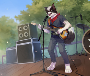 4_toes 5_fingers anthro arm_tuft barefoot bass_guitar biped black_body black_fur black_hair black_nose blurred_background bottomwear brown_eyes cheek_tuft clothed clothing cymbals day detailed_background digitigrade dipstick_tail drum elbow_tuft electronics eyebrows facial_tuft fangs feet fingers front_view fur glistening glistening_eyes grey_bottomwear grey_clothing grey_pants grey_shirt grey_t-shirt grey_topwear guitar hair inner_ear_fluff kerchief male markings microphone musical_instrument neck_tuft neckerchief neckwear open_mouth open_smile outside pants paws percussion_instrument plant plucked_string_instrument red_tongue shirt singing sky smile solo speaker stage standing string_instrument t-shirt tail tail_markings teeth toes tongue topwear tree tuft unsigned white_body white_fur white_hair corzh77 border_collie canid canine canis collie domestic_dog herding_dog mammal pastoral_dog sheepdog absurd_res digital_media_(artwork) full-length_portrait hi_res portrait