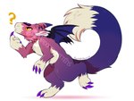 alternate_color ambiguous_gender claws curious feral fluffy fluffy_tail fur looking_up open_mouth purple_body purple_fur question_mark solo tail white_body white_fur wings yellow_eyes roombakittens bandai_namco digimon digimon_(species) dorumon x-digimon watermark