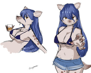 5_fingers alcohol anthro beverage bikini bikini_top blue_clothing blue_hair bottomwear breasts cigarette clothed clothing container cup denim denim_bottomwear denim_clothing denim_shorts drinking_glass female fingers glass glass_container glass_cup hair holding_glass holding_object looking_at_viewer nipple_outline shorts side_boob simple_background solo swimwear two-piece_swimsuit under_boob white_background nagmom interspecies_reviewers elza_(interspecies_reviewers) hyena mammal