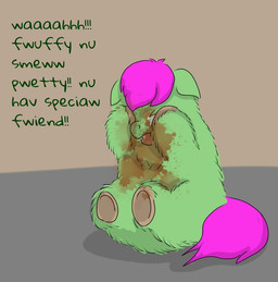 ambiguous_feral ambiguous_gender baby_talk bodily_fluids covering covering_eyes covering_face crying dialogue eyes_closed feces feces_on_belly feces_on_body feces_on_face feral fur green_body green_fur hair hooves open_mouth pink_hair pink_tail sad simple_background sitting solo tail tears young young_ambiguous young_feral carpdime fluffy_pony fluffy_pony_(species) mammal digital_media_(artwork) shaded