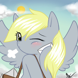 blush cloud detailed_background envelope feathered_wings feathers female feral grey_body grey_feathers letter looking_at_viewer mail messenger_bag one_eye_closed outside sky skyscape solo sun toony wings wink unknown_artist friendship_is_magic hasbro my_little_pony mythology derpy_hooves_(mlp) equid equine mammal mythological_creature mythological_equine pegasus 1:1