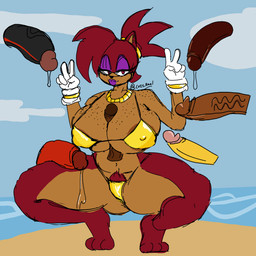 anthro areola areola_slip bedroom_eyes big_breasts bikini breast_play breasts clothing crouching eyelashes eyeshadow female freckled_breasts freckled_shoulders freckles gesture gold_(metal) gold_bikini gold_jewelry group half-closed_eyes hand_gesture huge_breasts imminent_sex jewelry lipstick long_eyelashes looking_at_viewer makeup male male/female narrowed_eyes nipple_outline piercing pube_peek pubes purple_eyeshadow seductive sex swimwear thick_thighs titfuck two-piece_swimsuit v_sign cozy_rael golden_week sega sonic_the_hedgehog_(series) knuckles_the_echidna miles_prower shadow_the_hedgehog eulipotyphlan hedgehog mammal 1:1 absurd_res hi_res