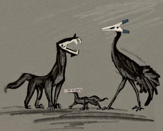 3_toes 4_toes alligator_clip ambiguous_gender biped bipedal_feral black_body black_feathers feathers feet feral for_a_head grey_background group long_neck office_supplies open_mouth paws quadruped simple_background size_difference standing staple_remover tail tail_feathers talons toes trio corrodedparadox avian monster object_head reptile scalie unknown_species hi_res signature