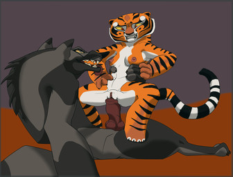 animal_genitalia animal_penis anthro anthro_on_anthro anthro_on_top anthro_penetrated anthro_penetrating anthro_penetrating_anthro anthro_penetrating_female areola big_penis biped breasts canine_genitalia canine_penis crouching_cowgirl erection female female_anthro female_on_top female_penetrated fur genitals knot knotted_penis male male/female male_anthro male_penetrating male_penetrating_anthro male_penetrating_female markings nipples on_top penetration penile penile_penetration penis penis_in_vagina questionable_consent sex shallow_penetration striped_body striped_fur striped_markings striped_tail stripes tail tail_markings vaginal vaginal_penetration vulva doomrior dreamworks kung_fu_panda master_tigress canid canine canis felid mammal pantherine tiger wolf colored digital_media_(artwork) hi_res shaded