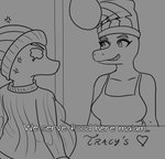 anthro beanie belly big_belly breasts chef_hat clothing cross-popping_vein dialogue duo eyelashes eyeshadow female hat headgear headwear makeup overweight overweight_anthro overweight_female smile snout sweater teeth text topwear arsenic_iii cavemanon_studios cooking_with_tracy snoot_game erin_(snoot_game) tracy_(cwt) dinosaur prehistoric_species reptile scalie 2024 black_and_white english_text hi_res monochrome