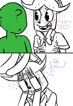 ?_face anthro blush bodily_fluids bow_(feature) bow_tie buckteeth dialogue drunk duo machine male shy simple_background substance_intoxication sweat sweatdrop teeth text white_background inkyfrog five_nights_at_freddy's scottgames anon bonnie_(fnaf) animatronic human lagomorph leporid mammal rabbit robot 2015 comic english_text partially_colored