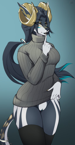 anthro clothing clothing_pull fan_aitei female genitals hair horn legwear ponytail shush solo stockings sweater topwear vulva v3nusbby fan_aitei_(thenicknamethief) demon absurd_res hi_res