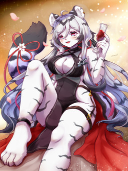 4_toes accessory ahoge alcohol anklet anthro barefoot beverage big_breasts biped black_body black_claws black_clothing black_dress black_ears black_fur black_hair black_stripes black_tail black_tail_tip blush bow_(feature) bow_accessory bow_ribbon breasts claws cleavage clothed clothed_anthro clothed_female clothing container cup cute_fangs digit_ring dipstick_tail dress drinking_glass ear_piercing ear_ring eyelashes fangs feet female female_anthro finger_claws fingerpads fluffy fluffy_tail front_view fully_clothed fully_clothed_anthro fully_clothed_female fur furgonomics glass glass_container glass_cup hair holding_container holding_cup holding_drinking_glass holding_object holding_wine_glass humanoid_hands inner_boob jewelry kemono legband long_hair looking_at_viewer markings multicolored_body multicolored_ears multicolored_fur multicolored_hair multicolored_tail open_mouth open_smile pawpads pelvic_curtain piercing pink_eyes red_bow red_ribbon ribbons ring ring_piercing simple_background sitting smile solo striped_body striped_fur stripes tail tail_accessory tail_bow tail_markings tail_ribbon teeth thighband toe_claws toes two_tone_body two_tone_ears two_tone_fur two_tone_hair two_tone_tail white_body white_ears white_fur white_hair white_inner_ear white_tail wine wine_glass shiimi_kro mahjong_soul hannah_(mahjong_soul) felid mammal pantherine tiger 2024 absurd_res colored digital_media_(artwork) full-length_portrait hi_res portrait shaded signature