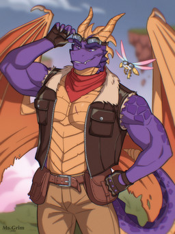 aged_up anthro anthrofied belt belt_pouch biceps claws clothed clothing duo eyewear eyewear_on_head facial_spikes fangs feral fingerless_gloves frill_(anatomy) gloves goggles goggles_on_head hand_on_hip handwear horn jaw_spikes kerchief male multicolored_body muscular muscular_anthro muscular_male neck_spikes neckerchief neckwear open_clothing open_topwear open_vest outside pecs pronounced_browridge purple_body purple_eyes raised_arm scales smile solo solo_focus spikes spikes_(anatomy) standing tail teeth topwear two_tone_body ventral_scales vest wings yellow_body anastasia_apokalipto_(artist) activision mythology spyro_the_dragon balloonist_spyro sparx spyro arthropod dragon dragonfly insect mythological_creature mythological_scalie scalie hi_res portrait three-quarter_portrait