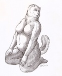 anthro belly biped breasts featureless_breasts female fluffy kneeling navel nude overweight overweight_anthro overweight_female sitting slightly_chubby solo tail kashe stray_the_chow_chow canid canine canis chow_chow domestic_dog mammal spitz monochrome sketch