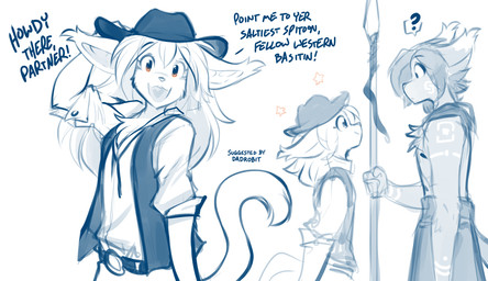 anthro biped bottomwear chest_tuft clothed clothed_anthro clothed_female clothed_male clothing confusion cowboy_hat dialogue duo female fingers front_view fully_clothed fully_clothed_anthro fully_clothed_female fur hair hat headgear headwear holding_melee_weapon holding_object holding_polearm holding_spear holding_weapon larger_male looking_at_another looking_at_viewer male melee_weapon open_mouth open_smile polearm question_mark simple_background size_difference smaller_female smile spear standing tail text topless topless_male topwear tuft weapon white_background conditional_dnp tom_fischbach twokinds madelyn_adelaide west_basitin_guard basitin mammal 2026 digital_drawing_(artwork) digital_media_(artwork) english_text hi_res monochrome sketch spot_color