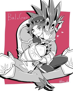 3_toes 5_fingers anthro barefoot black_claws blush bottomwear claws clothed clothing duo eyes_closed feet fingers gloves hair handwear hat headgear headwear heart_symbol horn hug male simple_background smile toes topwear har_oh bushiroad future_card_buddyfight mythology gao_mikado sun_dragon_bal dragon human mammal mythological_creature mythological_scalie reptile scalie source_request