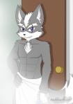 anthro bath biceps hair looking_at_viewer male muscular muscular_anthro muscular_male pecs pose smile solo towel towel_around_waist towel_only white_hair blackwingedheart87 nintendo star_fox wolf_o'donnell canid canine canis mammal wolf 2009 hi_res