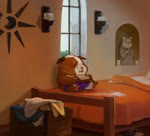 bed bedroom clothing detailed_background eating eyes_closed food furniture inside pillow sandwich_(food) sitting slightly_chubby underwear homebearstudio you_miichi nairi:_rising_tide nairi_(series) gilligan_(nairi) caviid guinea_pig mammal rodent 2021 animated compression_artifacts no_sound official_art short_playtime webm