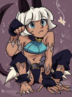 bell bell_collar belt blue_eyes bob_cut bottomwear breasts clothing collar female fingerless_gloves gloves hair halter_top handwear hotpants midriff navel scar shaking short_hair shorts sitting solo straight_hair under_boob white_hair mishiro39 skullgirls nadia_fortune animal_humanoid arthropod butterfly cat_humanoid felid felid_humanoid feline feline_humanoid humanoid insect lepidopteran mammal mammal_humanoid 3:4 hi_res source_request
