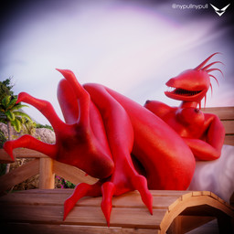 anthro areola beach biped breasts claws feet female female_anthro foot_focus nipples nude nude_female palm_tree pillow plant reclining red_body red_feet red_skin sharp_teeth solo teeth tree nypull scp_foundation monster scp-939 1:1 3d_(artwork) digital_media_(artwork) hi_res