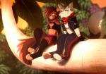 2019 4_toes akitamonster anthro blue_eyes clothed clothing day detailed_background digital_media_(artwork) disney domestic_cat duo feet felid feline felis girly kingdom_hearts male mammal navel outside red_eyes sitting smile square_enix toes