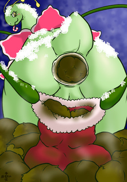 antennae_(anatomy) anus blush butt candy candy_cane candy_cane_in_mouth christmas_stocking crowning_feces dessert excessive_feces feces feces_pile female female_pooping feral food genitals green_body holidays hyper hyper_feces hyper_feces_pile looking_at_viewer looking_back looking_back_at_viewer outside petals pink_body pooping scatplay short_tail smile snow solo steaming_feces tail vulva yellow_eyes yoorik christmas nintendo pokemon generation_2_pokemon meganium pokemon_(species) 2022 dated signature