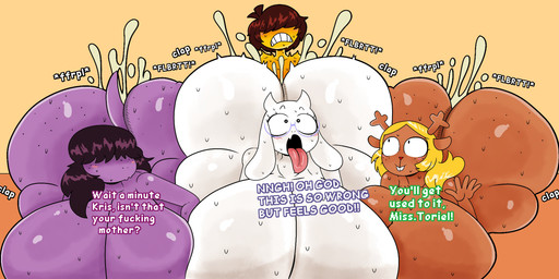 ahegao ambiguous_penetration anthro anthro_penetrated antlers big_breasts big_butt blonde_hair blush blush_lines bodily_fluids breasts brown_body brown_hair butt cum cum_expulsion cum_inside exclamation_point eyewear female female_penetrated floppy_ears freckled_butt freckled_face freckles genital_fluids glasses group hair hair_over_eyes horn huge_breasts huge_butt human_on_anthro human_penetrating human_penetrating_anthro hyper hyper_breasts hyper_butt interspecies looking_pleasured male male/female male_human/female_anthro male_penetrating male_penetrating_female onomatopoeia open_mouth penetration purple_body question_mark sex sound_effects sweat sweaty_breasts sweaty_butt text tongue tongue_out white_body yellow_body yellow_skin furu_flami deltarune undertale_(series) kris_dreemurr noelle_holiday susie_(deltarune) toriel boss_monster_(undertale) bovid caprine deer dinosaur goat human mammal new_world_deer prehistoric_species reindeer reptile scalie absurd_res english_text hi_res