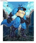 aircraft anthro blue_body blue_fur building bulge city clothing destruction detailed_bulge fur helicopter macro male red_eyes solo speedo stomping swimwear vehicle wolfmalro nintendo pokemon canid canine generation_4_pokemon lucario mammal pokemon_(species) absurd_res hi_res