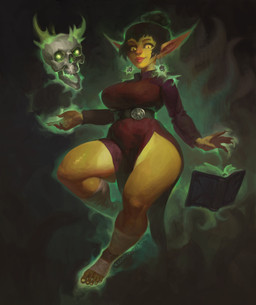 big_breasts biped bone book breasts brown_hair ear_piercing female female_humanoid green_body green_skin hair hair_bun long_nails looking_at_viewer magic magic_user not_furry piercing skull solo thick_thighs yellow_eyes pupuslapus nezzah_(the7thprimarch) goblin humanoid undead absurd_res hi_res