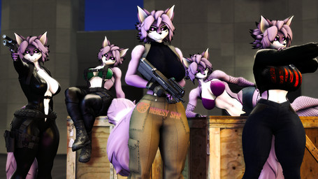 anthro bedroom_eyes bikini bodysuit boots bottomwear box cargo_pants clothing container crate denim denim_bottomwear denim_clothing female footwear fur gloves group gun handgun handwear harness jeans looking_at_viewer narrowed_eyes p90 pants purple_body purple_eyes purple_fur ranged_weapon seductive shoes skinsuit smile smirk stretching submachine_gun swimwear tight_bottomwear tight_clothing tight_pants two-piece_swimsuit weapon heresy_sfm domi_3d_(modeler) ludexus_(modeler) warfaremachine_(modeler) violette_(heresy_sfm) canid canine fox mammal 16:9 3d_(artwork) digital_media_(artwork) widescreen