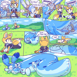 ambiguous_gender anthro anthro_to_inanimate dialogue dipstick_tail duo female hoop_transformation inanimate_transformation inflatable markings multi_tail seam_(sewing) speech_bubble tail tail_markings text transformation transformation_sequence worried_look memopemo palworld pocketpair animate_inanimate canid canine chillet fox living_inflatable living_pool_toy mammal pal_(species) absurd_res comic english_text hi_res
