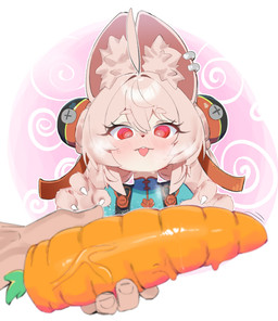 ahoge anthro blush bodily_fluids braided_hair buckteeth carrot claws ear_piercing eyebrows female female_anthro food food_fetish fur hair holding_carrot holding_food holding_object holding_vegetable inner_ear_fluff phallic phallic_food piercing pigtails pink_body pink_fur pink_hair plant red_eyes spiral spiral_eyes suggestive suggestive_food sweat teeth thick_eyebrows tuft twin_braids vegetable vein young young_anthro young_female gen_(unzzenasd) mihoyo zenless_zone_zero zhao_(zenless_zone_zero) lagomorph leporid mammal rabbit thiren absurd_res hi_res adult_(lore)