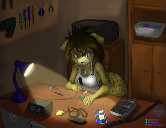 anthro computer desk electronics female floppy_ears furniture lamp laptop phone sitting solo table tinkering tools wardrobe working matz_the_kames sonia_(matz_the_kames) canid canine canis domestic_dog mammal absurd_res hi_res
