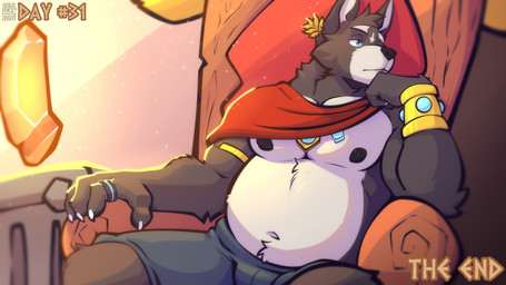 anthro armband armlet black_nose blue_eyes bottomwear bracelet cape chair clothing fur furniture grey_body grey_fur hand_on_chin jewelry male musclegut muscular necklace nipples pants piercing ring sitting solo text throne wreath soradezwolfox adastra adastra_(series) echo_project amicus_(adastra) canid canine canis mammal wolf 16:9 2024 english_text hi_res widescreen