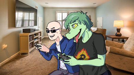 anthro bald black_clothing black_shirt black_topwear blue_clothing blue_jacket blue_topwear bottomwear breasts carpet chair clothed clothed_anthro clothed_female clothed_human clothed_male clothing day detailed_background door duo electronics eyelashes eyewear female fingers freckled_face freckles furniture green_body grey_bottomwear grey_clothing grey_eyes grey_pants happy humanoid_hands inside jacket lamp long_eyelashes male male/female non-mammal_breasts open_clothing open_jacket open_mouth open_smile open_topwear pants photo_background shirt smile sunglasses television tongue tongue_out topwear white_clothing white_shirt white_topwear window yellow_sclera sebek_fereh_ra cavemanon_studios i_wani_hug_that_gator inco_(iwhtg) olivia_halford baryonyx dinosaur human mammal prehistoric_species reptile saurischian scalie spinosaurid theropod 16:9 colored hi_res photography_(artwork) widescreen