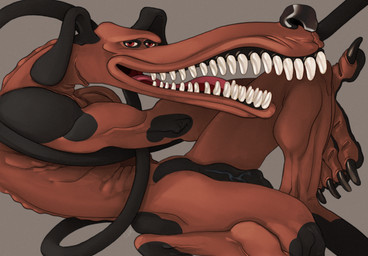 anthro black_claws black_markings black_nose black_penis brown_body brown_skin claws dorsal_ridge flaccid genitals long_ears long_legs long_muzzle long_tail long_teeth male markings penis reclining red_eyes relaxing sharp_teeth simple_background sitting small_eyes smile solo tail teeth thin_tail vein veiny_penis ravuer clayfighter lockjaw_pooch canid canine canis domestic_dog mammal absurd_res hi_res