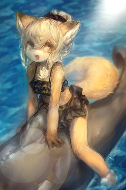 anthro black_clothing black_swimwear blonde_hair breasts brown_eyes clothing female fur hair inflatable kemono long_hair looking_at_viewer open_mouth orange_body orange_fur painting_(object) small_breasts smile solo straddling swimwear tongue water young tamakakego canid canine fox mammal 2:3 hi_res
