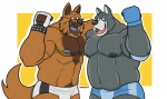 abs anthro biceps big_muscles bodily_fluids bottomwear chest_tuft clothed clothing duo fur gloves handwear male muscular muscular_male nipples pecs pose shorts sweat tail teeth topless tuft wrestler houndgrey oso hound_(character) pro canid canine canis domestic_dog great_dane mammal mastiff molosser 2012