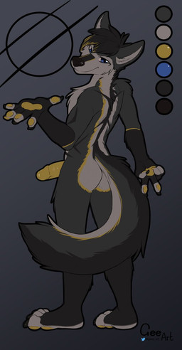 anthro biped erection fur genitals grey_body grey_fur humanoid_genitalia humanoid_penis male male_anthro penis solo standing geeart hyena mammal hi_res model_sheet