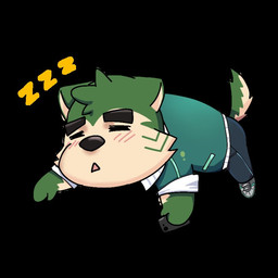 anthro blush chibi eyebrows fur green_body green_fur male sleeping solo sound_effects thick_eyebrows vowelless vowelless_sound_effect zzz lester232864759 lifewonders live_a_hero mokdai canid canine canis domestic_dog mammal 1:1