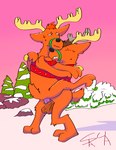 anal anal_penetration anthro curling_toes duo feet fur holidays horn male male/male orange_body orange_fur penetration snow srirachamander christmas spot's_magical_christmas spot_the_dog_(series) deer mammal new_world_deer reindeer absurd_res hi_res