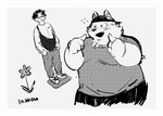 anthro blush bottomwear clothing duo flower humanoid_hands kemono male overweight overweight_male pants plant shirt topwear uokkom canid canine canis domestic_dog human mammal 2020 hi_res monochrome