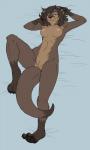 3:5 absurd_res anthro bed black_nose breasts brown_body brown_fur claws digital_media_(artwork) female fur furniture genitals hair hi_res looking_at_viewer lying mammal mustelid nipples nude on_bed otter pillow pink_nipples pussy simple_background smile solo tigerinspace