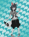 anthro bandage bottomwear clothing facial_markings female gesture hair hand_gesture head_markings kikuyo markings shorts solo spiky_hair v_sign nerobero0 canid canine fox mammal 4:5 absurd_res hi_res