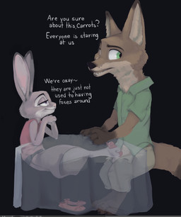 3_toes animal_genitalia animal_penis anthro anthro_on_anthro balls barefoot black_background brown_body brown_fur canine_genitalia canine_penis claws clothed clothing dialogue duo erection feet female foot_fetish foot_play footjob fully_clothed fur genitals green_eyes grey_body grey_fur looking_at_another male male/female penile penis public purple_eyes sex simple_background sitting stealth_sex text toe_claws toes under_table under_table_footjob trashtikko disney zootopia judy_hopps nick_wilde canid canine fox lagomorph leporid mammal rabbit red_fox true_fox 2020 english_text