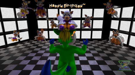 alternate_form anthro big_breasts big_butt birthday black_sclera blonde_hair blue_body blue_fur bow_tie bow_tie_only breasts butt checkered checkered_floor clone crawling crt crt_monitor darkness ear_piercing emanata female flustered fur gazing glowing glowing_eyes green_body green_fur hair half-closed_eyes hand_on_breast huge_breasts huge_butt huge_thighs imminent_orgy larger_female lipstick machine makeup male mostly_nude narrowed_eyes naughty_face nipples orange_breasts piercing purple_bow_tie purple_lipstick purple_nipples reaching_out screen size_difference smaller_male static surprised thick_thighs through_screen white_hair mr.bootylover cosmic_trance_(modeler) henriticcus_(modeler) jizzyfox_(modeler) nightfallad_(modeler) octal_(modeler) spacebaron_(modeler) thefelixxx_(modeler) five_nights_at_freddy's five_nights_at_freddy's_world scottgames sister_location bootay_(mr.bootylover) lolbit_(fnaf) animatronic canid canine canis domestic_dog fox husky mammal nordic_sled_dog robot spitz 16:9 3d_(artwork) digital_media_(artwork) hi_res widescreen